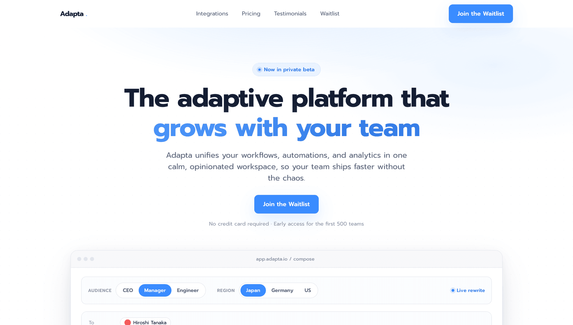 Adapta: a crisp blue and white product landing page.