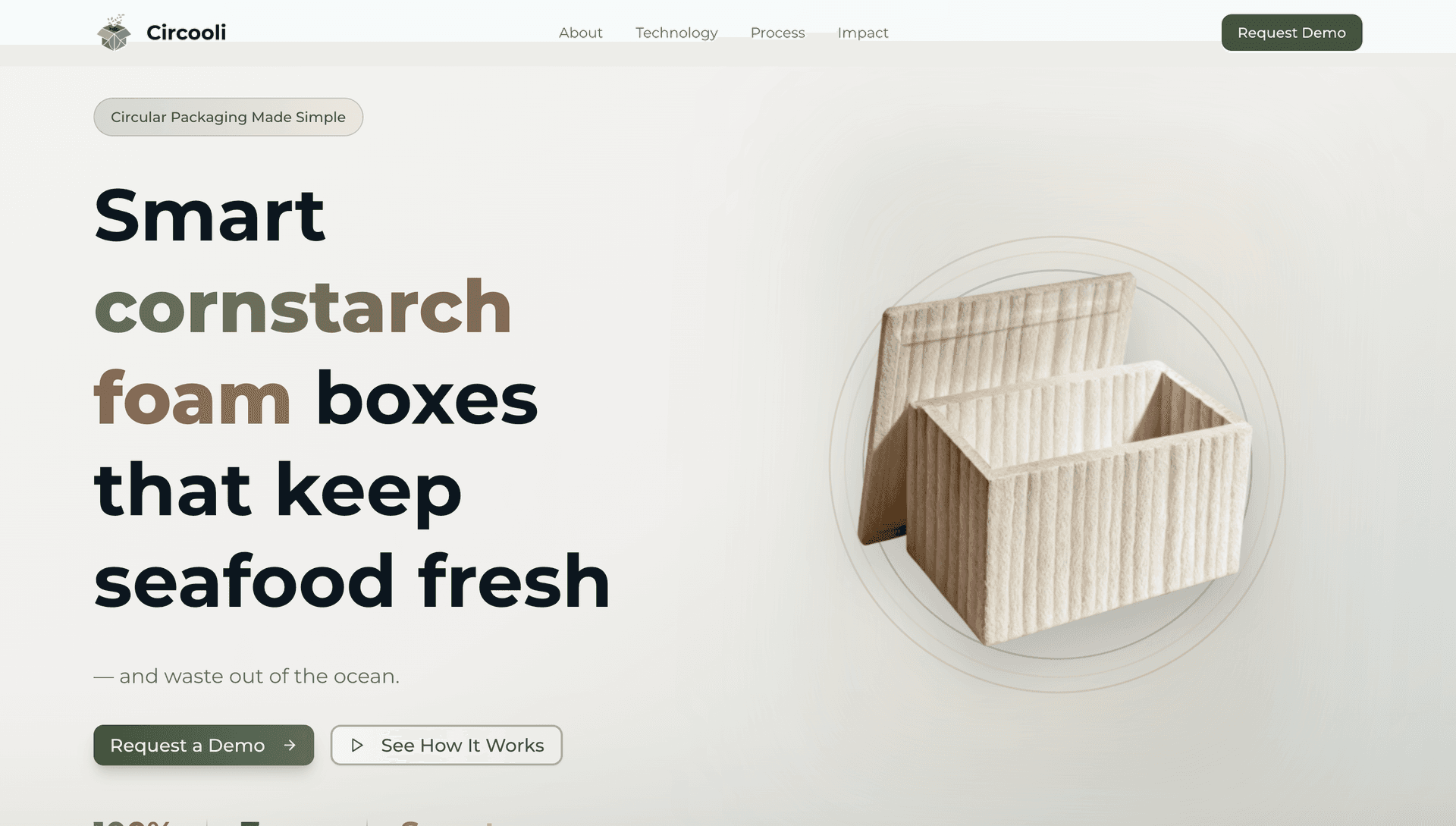 Circooli: a warm, earthy landing page for compostable cold-chain packaging.
