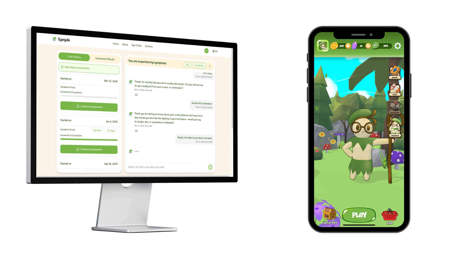Eyequila on desktop and phone: the EyeQCheck assessment chat and the EyeQuest game world.